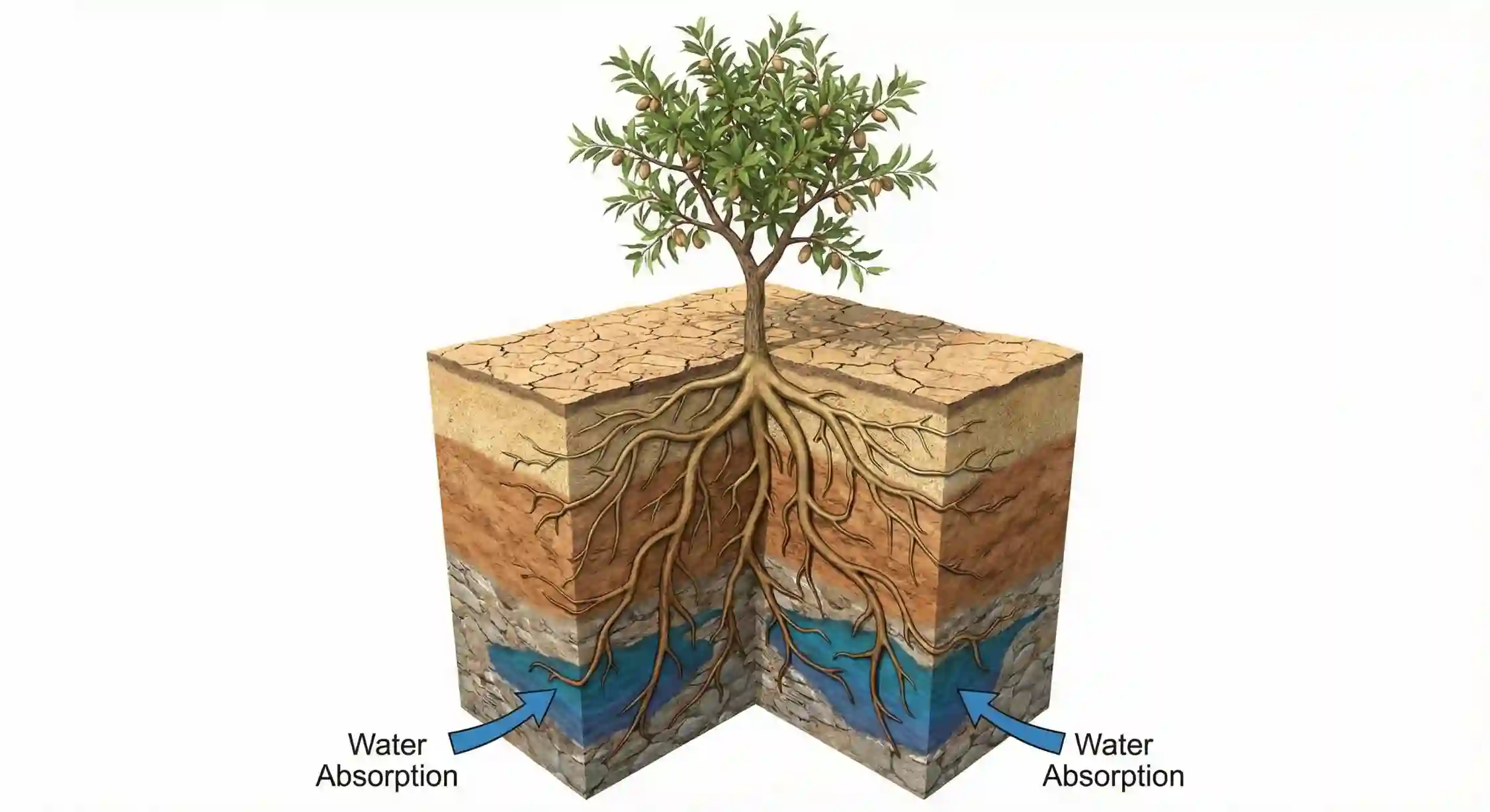 ساختار ریشه عمیق نهال بادام دیم برای جذب رطوبت از لایه‌های زیرین خاک.
