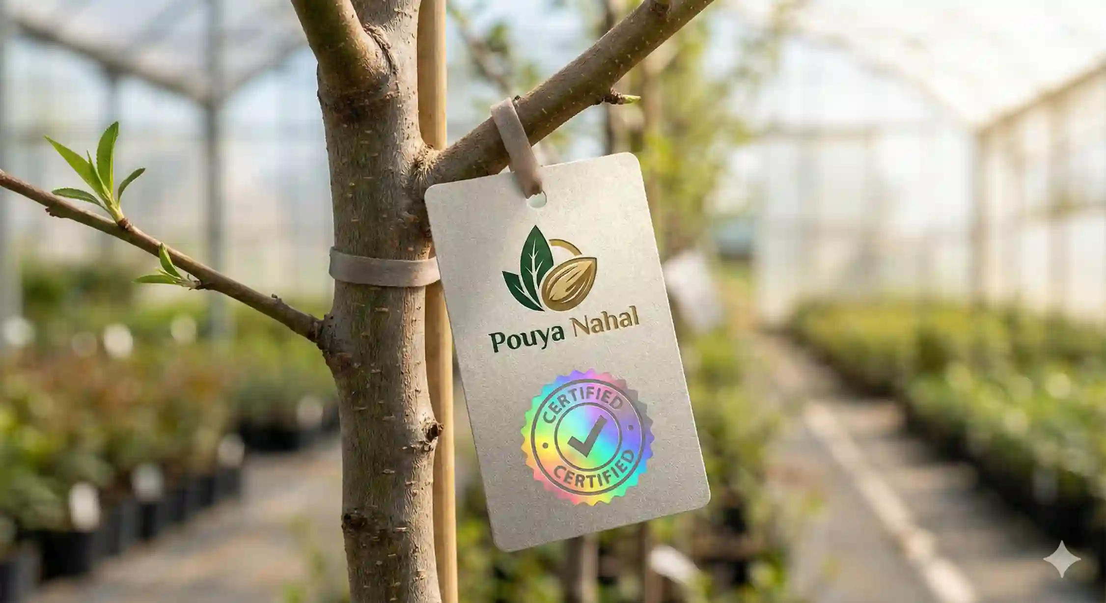 نهال بادام پیوندی اصلاح شده با لیبل گواهی سلامت و اصالت از پویا نهال.